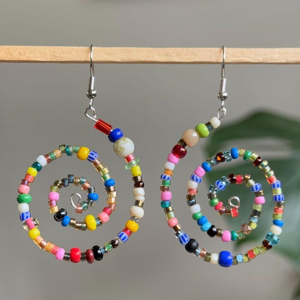 Handmade colorful beaded spiral earrings